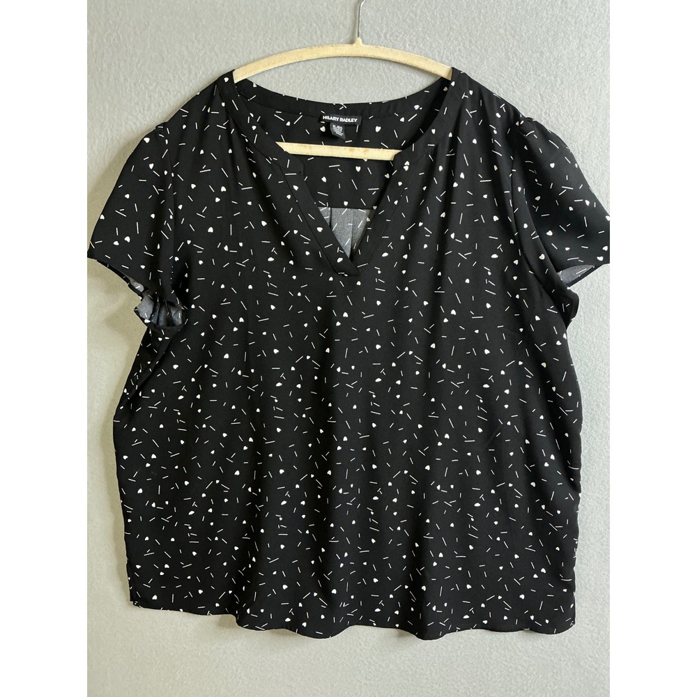 Hilary Radley Top Women's Extra Large V-Neck Short Sleeve Black White Print